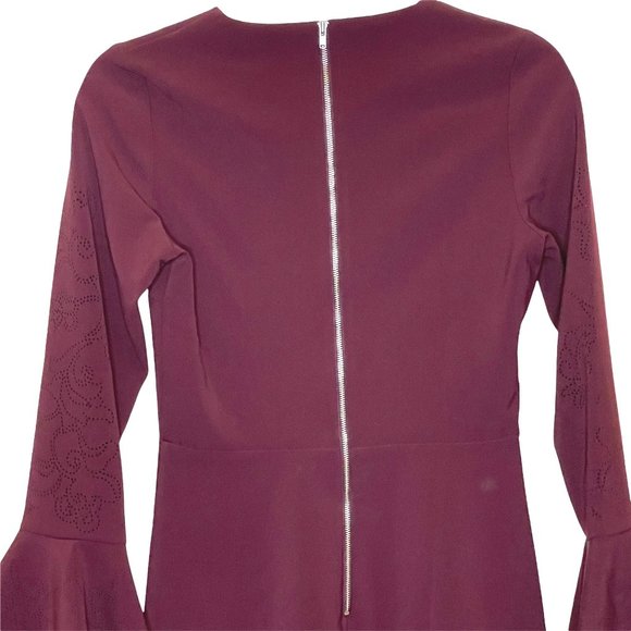 PARKER Orlando Laser Cut Bell Ruffle long Sleeve Dress Raisin Sheath Red 0 New - Picture 6 of 14